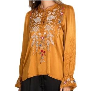 Johnny Was Roma Victorian Prairie Floral Embroidered Blouse XXL Gold Satin